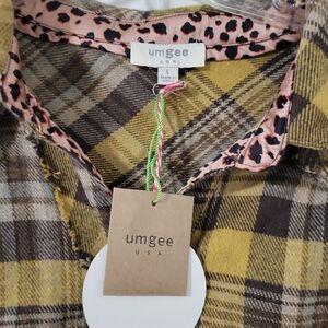 Umgee Mustard and Brown Plaid Button-Up with Pink Leopard Trim